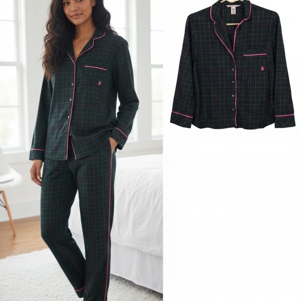Women's Plaid Pajama Set with Pink Accents